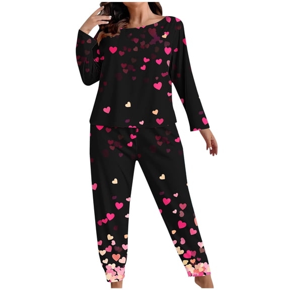 Valentines Pajama Set for Women Plus Size Graphic Sleepwear Long Sleeve Shirts with Pants Heart Printed Holiday Outfits Soft Comfy Pjs Funny Trendy Lounge Sets Gift for Wife Black XL