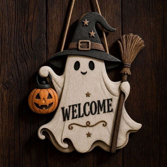Witch Ghost Welcome Hanging Door Sign, Cute Ghost Broom Pumpkin Lantern Wall Plaque, Vintage Layered Hanging Decor For Front Door Porch Fall Halloween Celebrations (white)