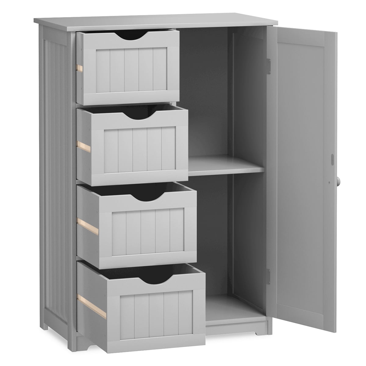 Giantex Bathroom Floor Cabinet Wooden with 1 Door & 4 Drawer, Free Standing Wooden Entryway Cupboard Spacesaver Storage Cabinet (Gray)