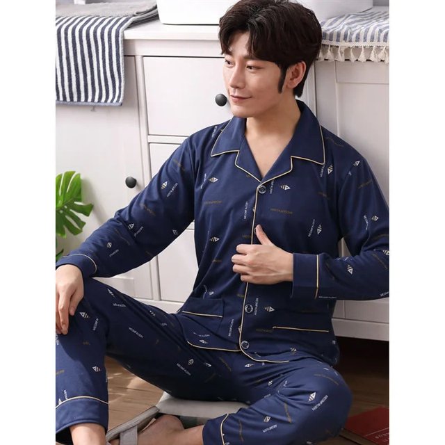Ropa de dormir de manga larga de algodón puro para hombre, ropa holgada para el hogar, conjunto de dos piezas para primavera y otoño, talla grande, mediana y joven