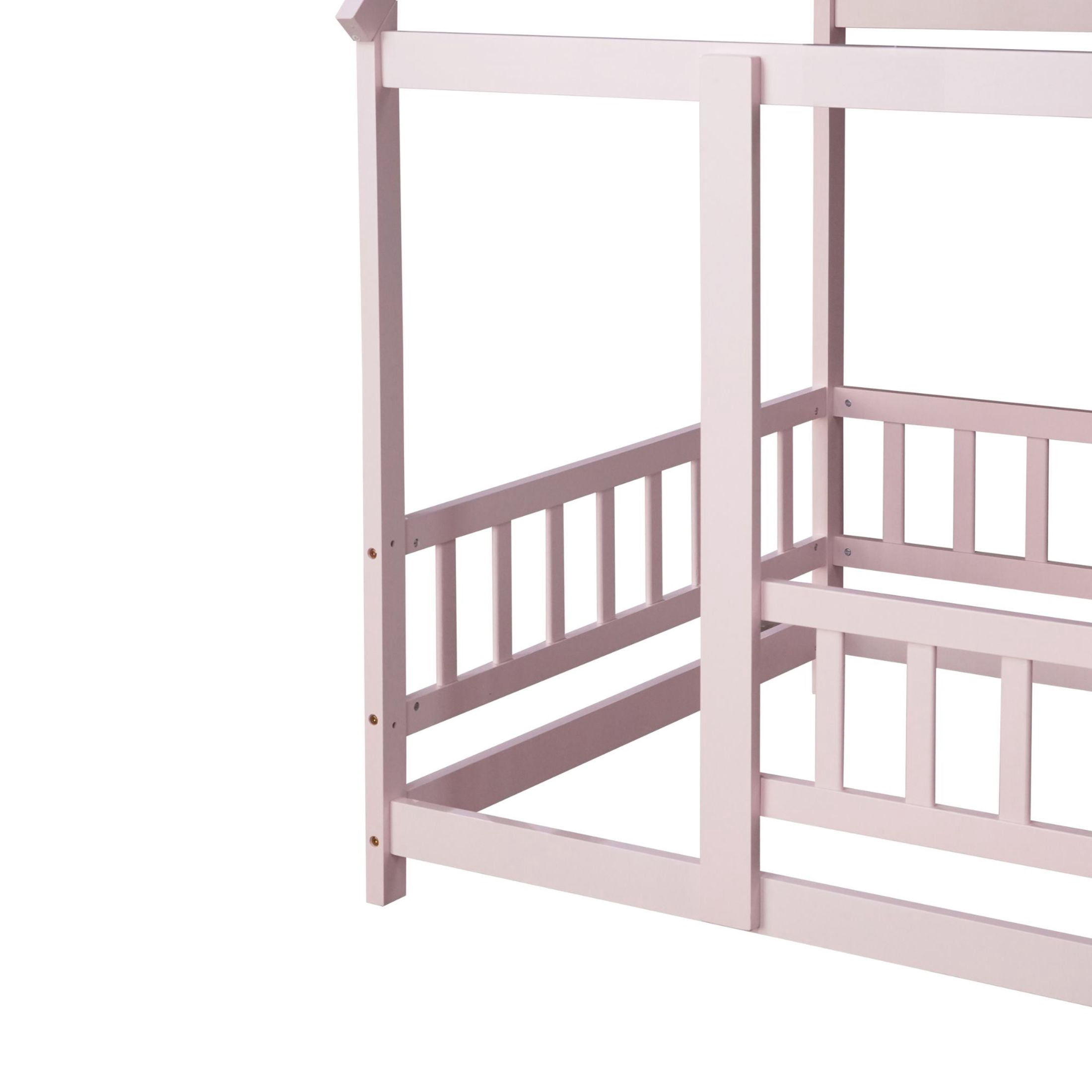 Noble House Gaiety Twin Size House Floor Bed for Kids, Rubber Wood Frame with Roof and Fence Guardrails, Pink