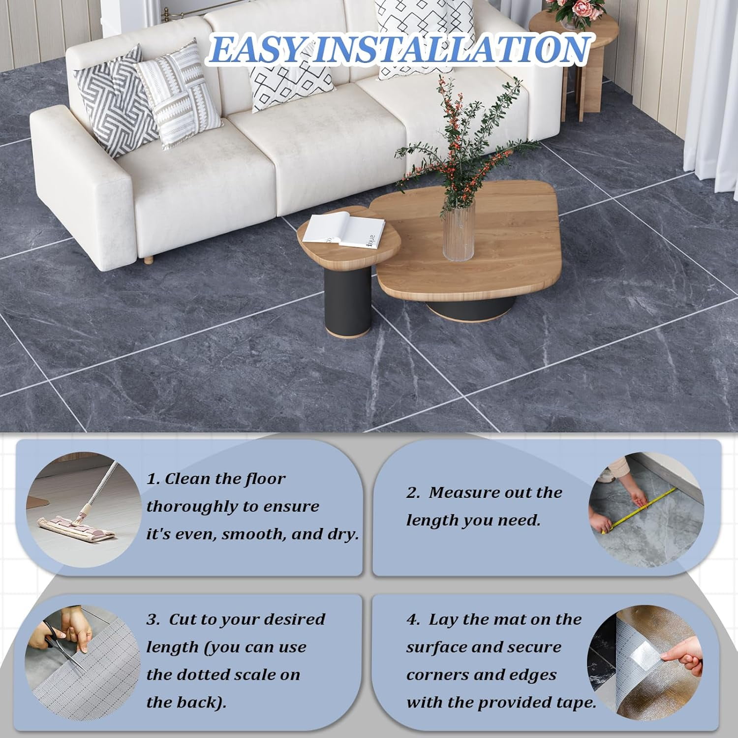 Oxdigi Vinyl Flooring Roll 39.3x118 inches, PVC Leather-Like Linoleum Floor Covering with Tape, Removable- No Adhesive Backing Gray Marble