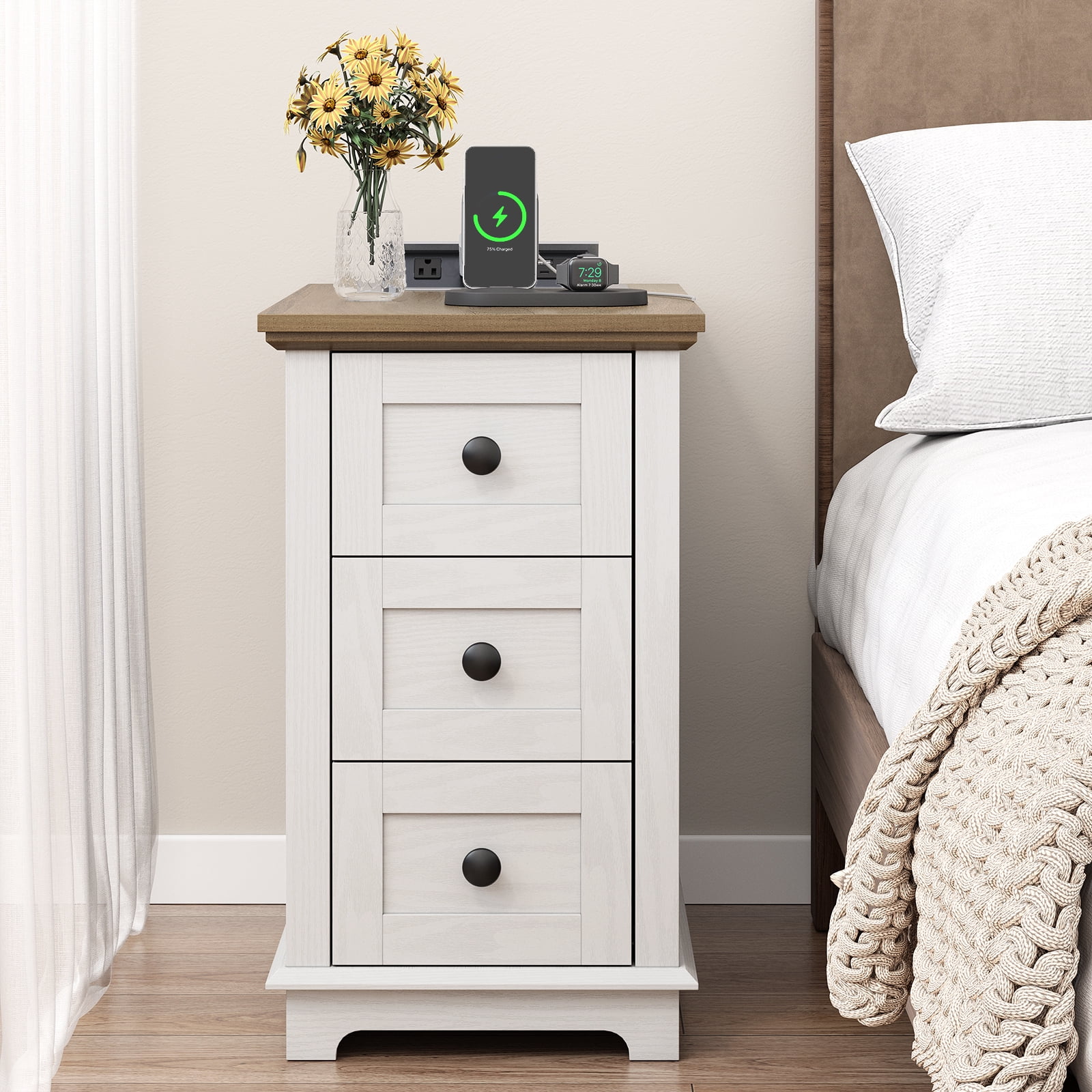 FAGAGA End Table with 3 Drawers for Living Room,Nightstand Sofa Side Table with Charging Station,White