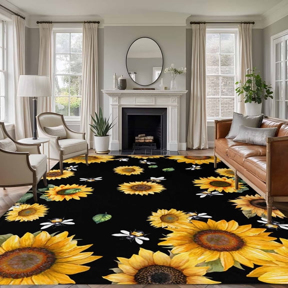 8'x10' Area Rugs, Vintage Sunflowers Indoor Outdoor Area Rug for Living Room Bedroom, Elegant Pastoral Botanical Watercolor Washable Bathroom Rugs Kitchen Floor Carpet Mats Home Decor Aesthetic