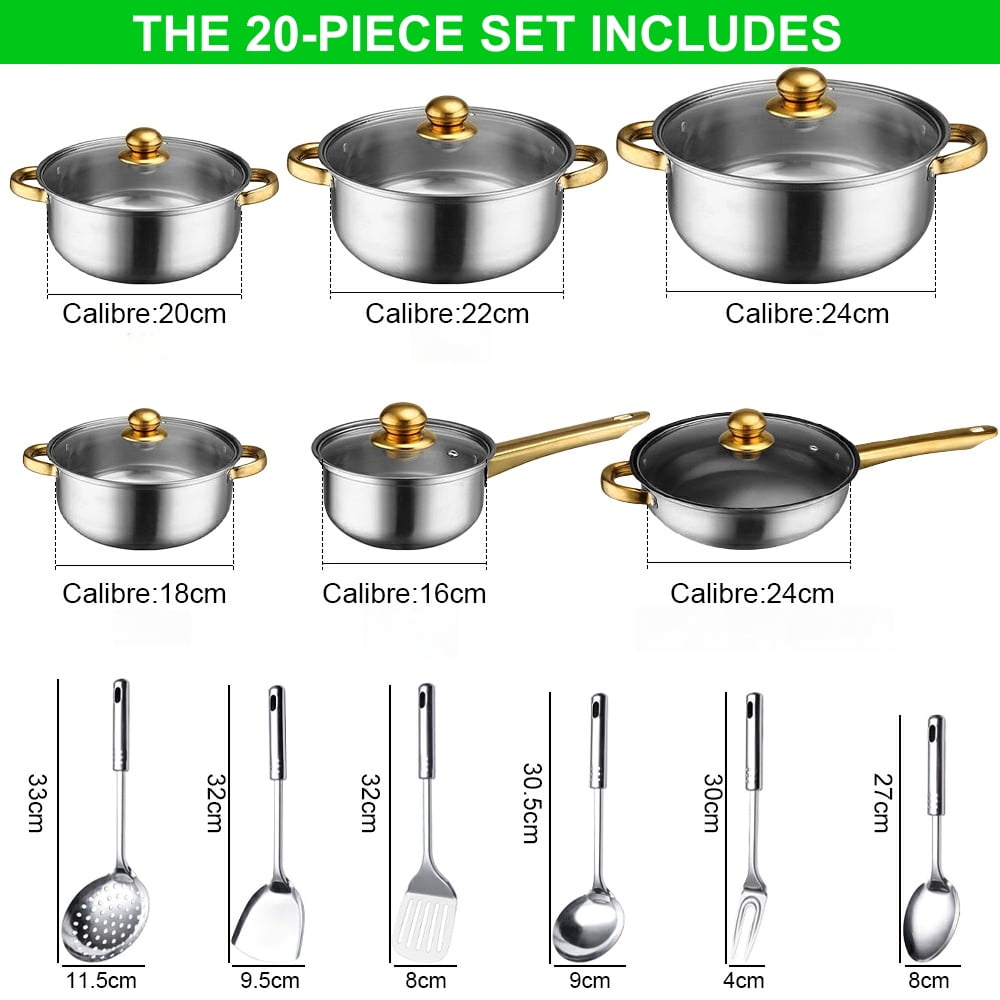 20-Piece Stainless Steel Cookware Set, Pots and Pans Set with Glass Lids and Cooking Utensils, Induction Compatible, Silver