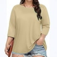 thumbnail image 2 of MIXUE Womens Summer Tops Summer Solid Color Round Neck Plus Size 3/4 Sleeve Casual Stylish Pullover T-shirts Holiday Wear,Brown,XL, 2 of 5