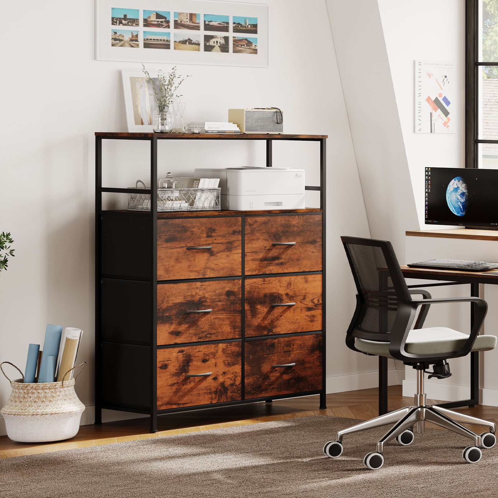 File Storage Cabinet with Adjusted Size 6 Drawers,4 Wheels Vertical Wood File Cabinet for Hanging A4/F4/Letter/Legal Rustic Brown