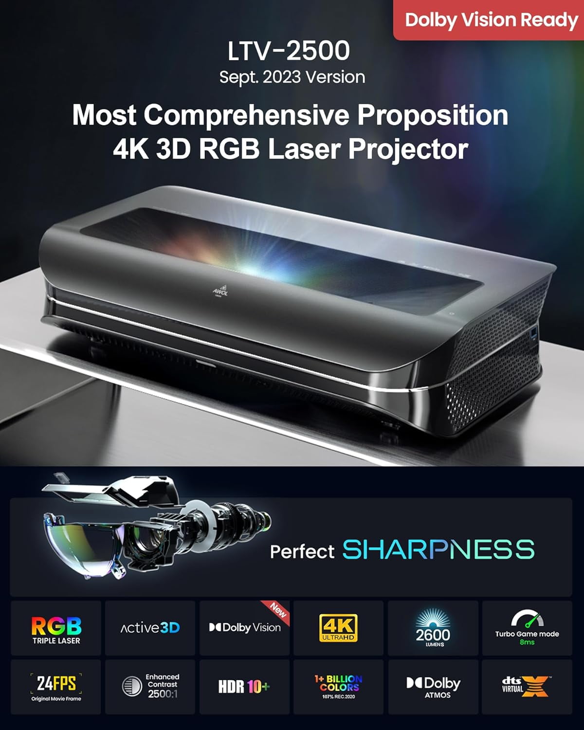 Restored AWOL VISION LTV-2500 Pro 4K UHD Ultra Short Throw Triple Laser Projector with Dolby Vision & Atmos, Active 3D, 150", HDR10+ (Refurbished)