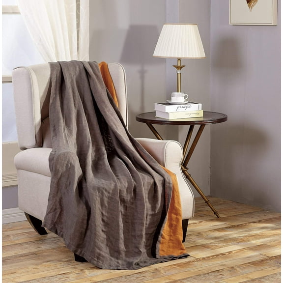 Chezmoi Collection Brussels 100% Belgian Flax Linen Throw Blanket for Couch, Bed, Super Soft Lightweight Cozy Breathable Pre-Washed Reversible Throw Blanket, Orange/Gray, 50" x 70"