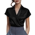 thumbnail image 2 of Yourumao Satin Tops for Women Silk V Neck Wrap Shirts Smooth Lapel Collar Short Sleeve Tshirts Solid Comfy Business Casual Top, 2 of 9