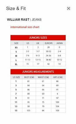 william rast size chart