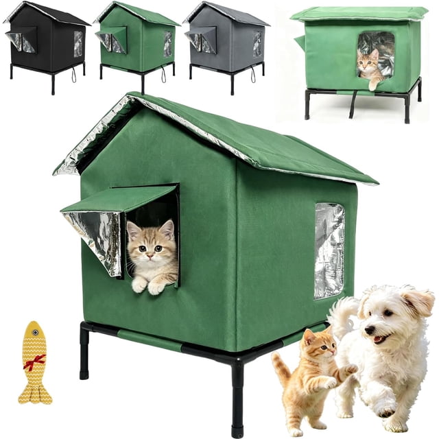 Maison pour Chat Extérieure Surélevée Toutes Saisons – Imperméable, Isolée et Pliable pour un Confort Douillet, Maison pour Chat Extérieure Résistante aux Intempéries avec Base Surélevée dans Garage, Cour, Véranda pour Chats Errants, avec Fenêtre (Vert,G)