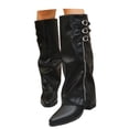 thumbnail image 4 of Shadoumai Women's Slouchy Knee High Boots Pointed Toe Leather Motorcycle Boots Vintage Low Heel Retro Foldover Fall Pull On Stacked Heeled Goth Winter Boots, 4 of 10