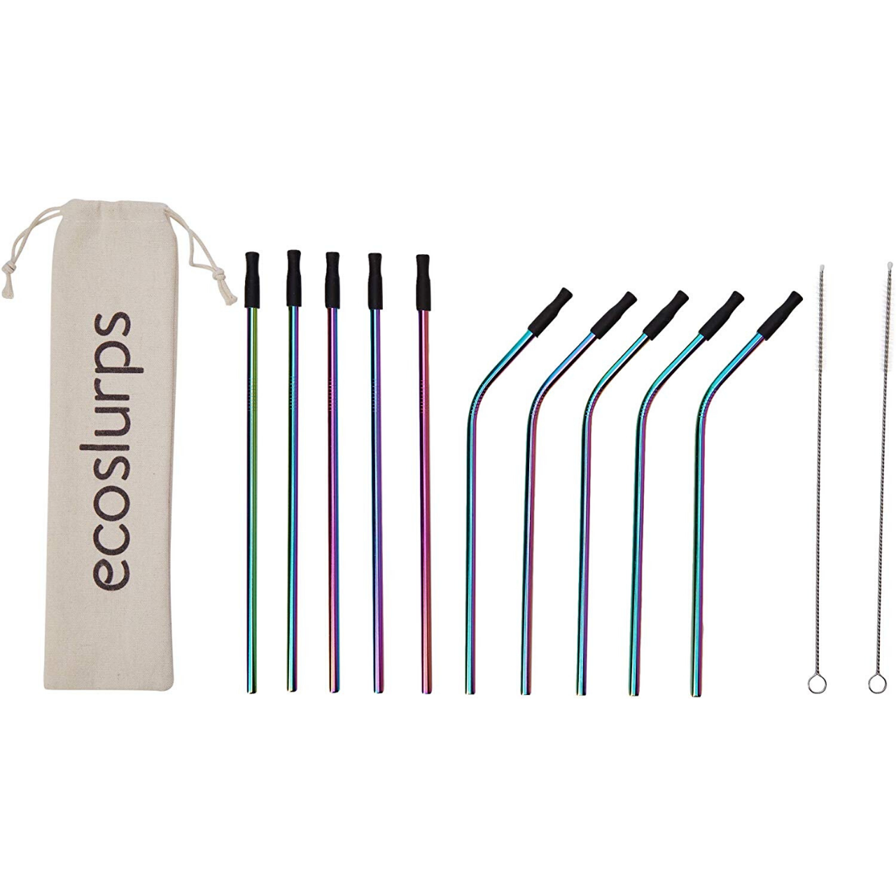 12 EcoSlurps Reusable Metal Straws With Silicone Tips, Cleaning Brush