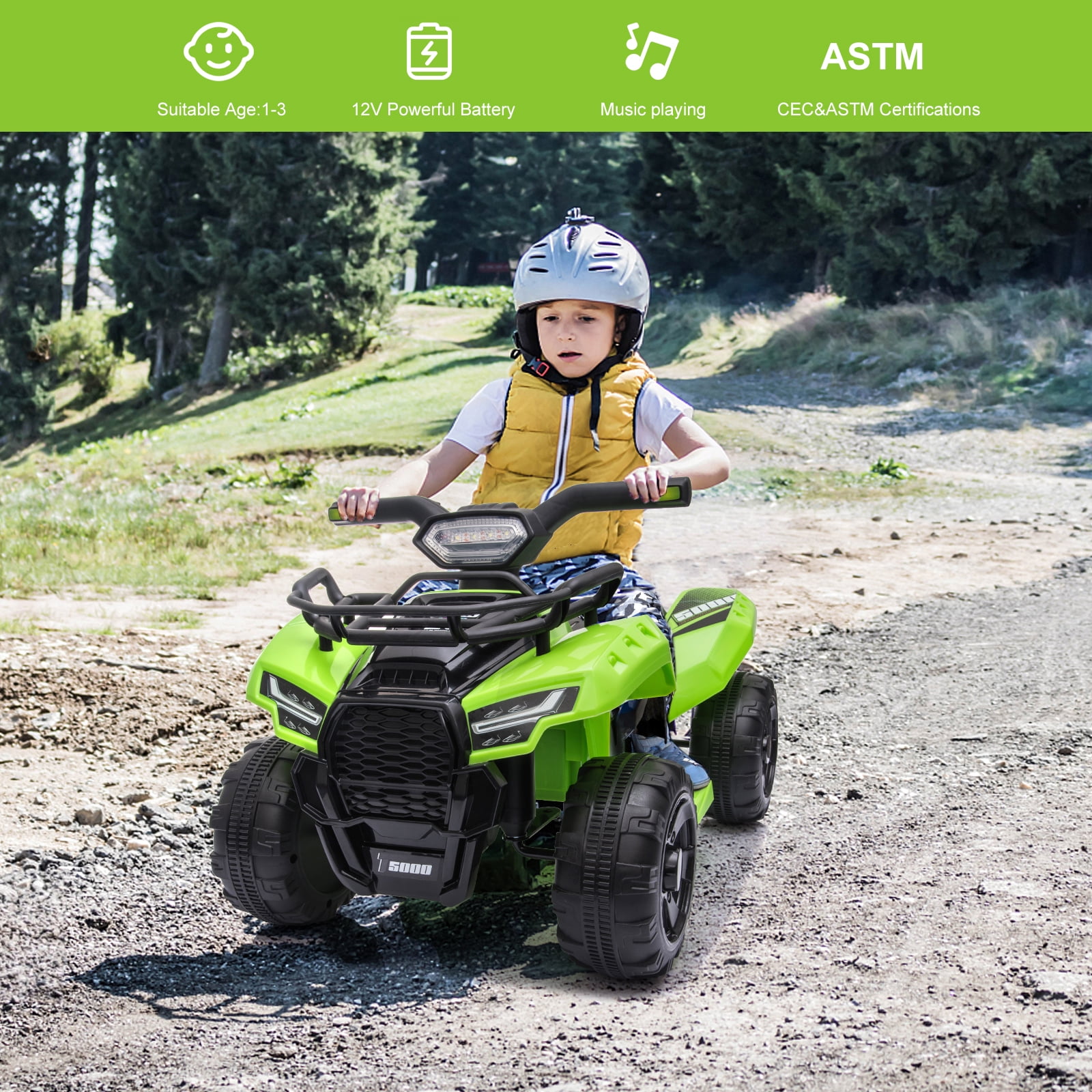 Kids Ride on ATV 6V Battery Powered, 4 Wheeler Electric Vehicle with Horn, MP3, Headlight, Best Gift for 18-36 Months Boys Girls, Adjustable Volume USB Toy Car（Green）
