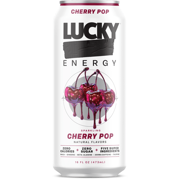 Lucky Energy Sugar Free Energy Drinks 16 fl oz Can, Cherry Pop with Maca, Ginseng, Taurine, Beta-Alanine, 200mg Caffeine, Zero Calories