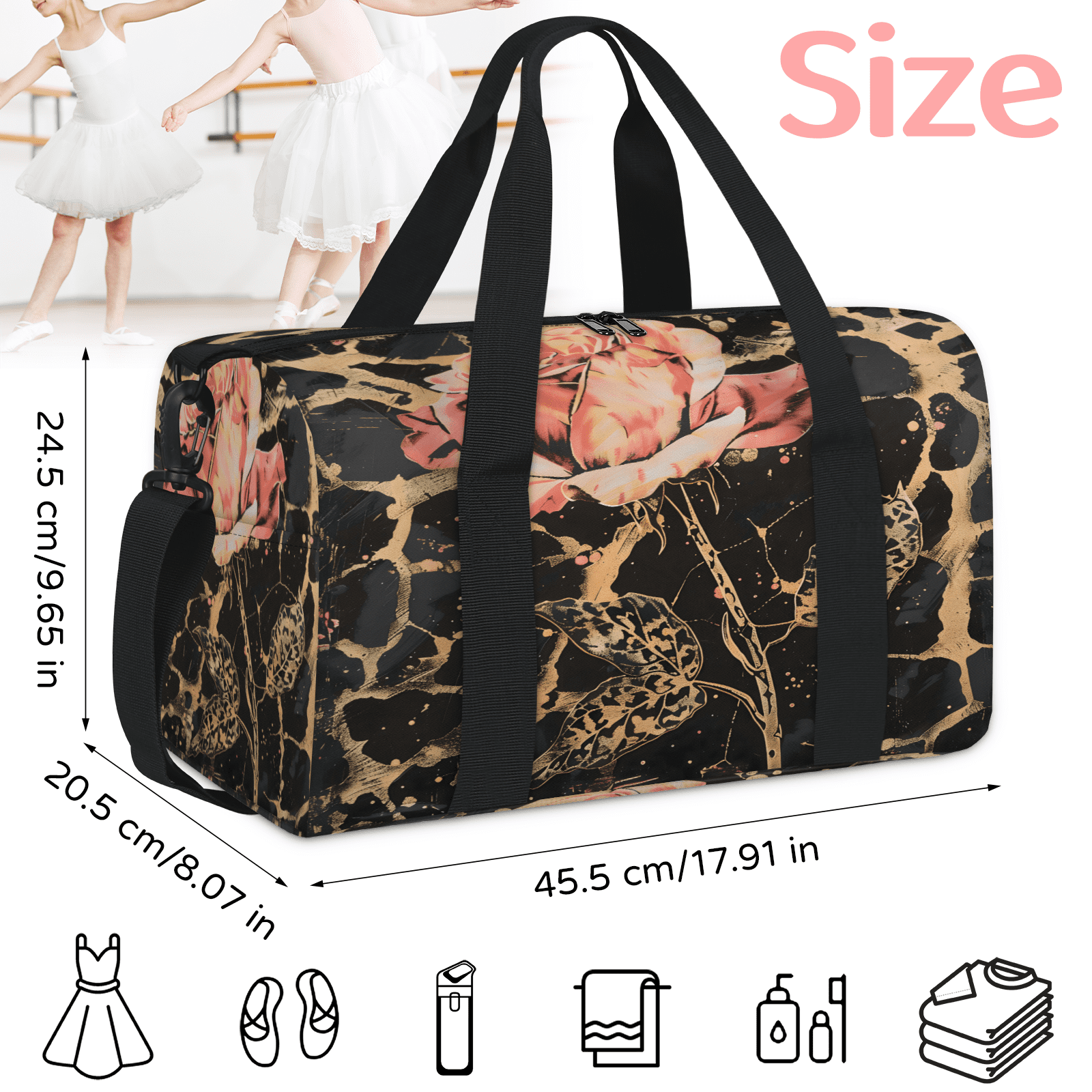 Herdesigns Leopard Print Rose Flower Gym Bag for Women, Duffle Bag for Travel Sport, Lightweight Waterproof Carry on Weekender Overnight Dance Yoga Workout Bags