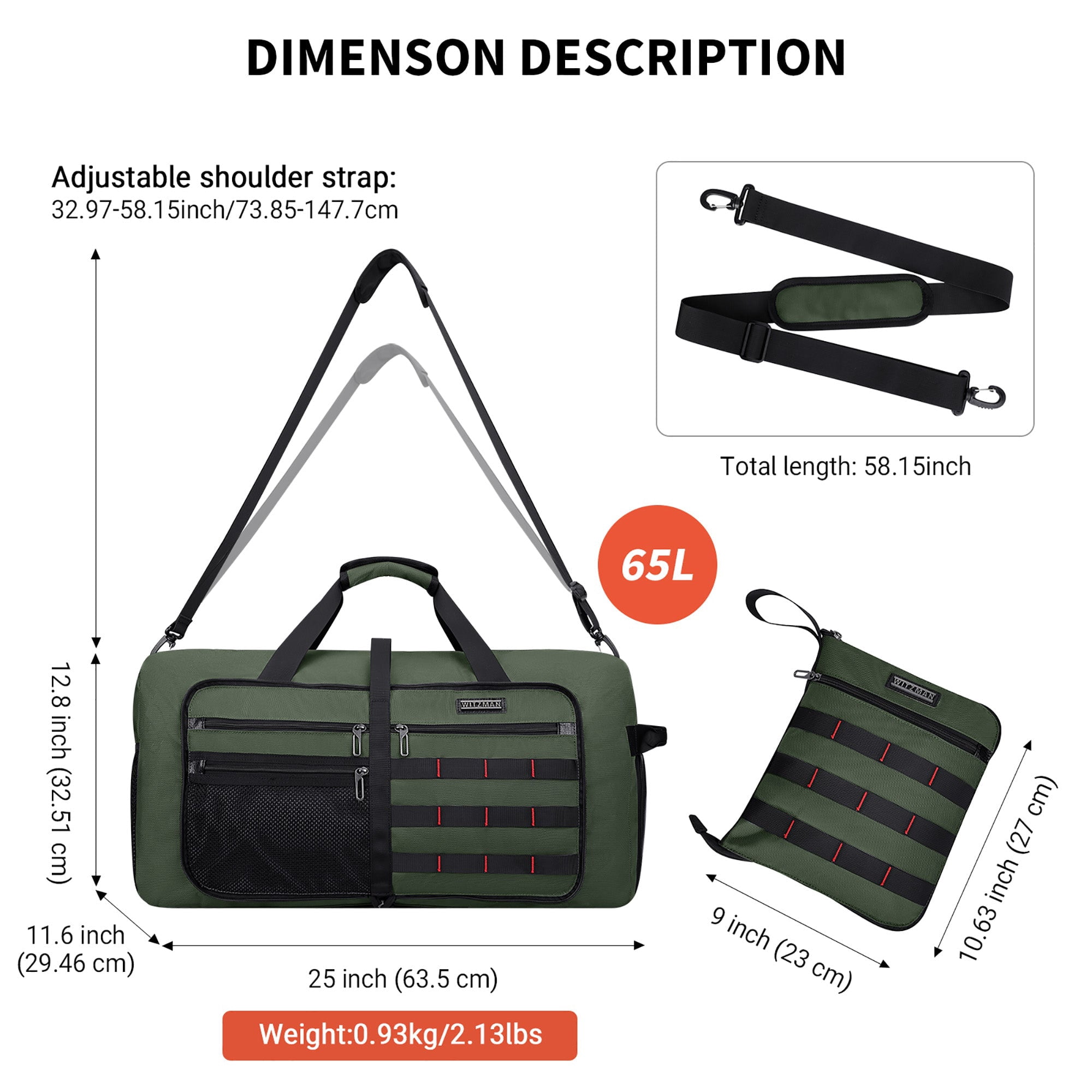 WITZMAN Foldable Duffle Bag for Travel 65L Lightweight Packable Duffel Bag with Shoes Compartment Overnight Bag for Men Women (B697 Army Green)