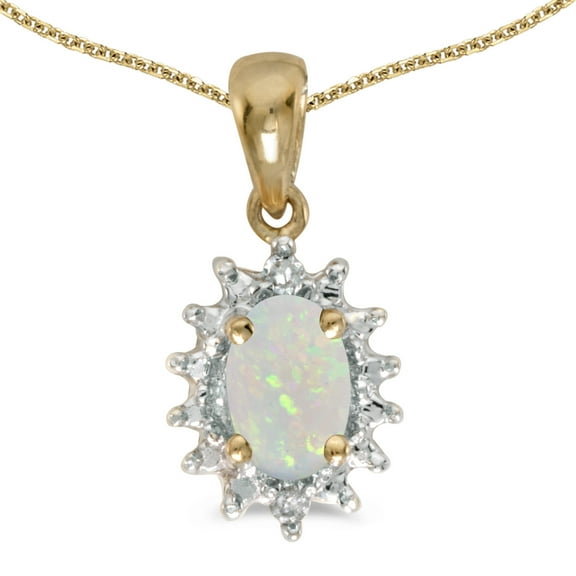 10k Yellow Gold Oval Opal And Diamond Pendant with 16" Chain