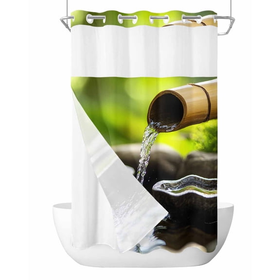 No Hook Cloth Fabric Shower Curtain with Snap in Liner, Flowing Water Zen Stones Waterproof Shower Curtains Set with See Through Top Window, Modern Country Abstract Art Bath Curtains Shower 36"x78"