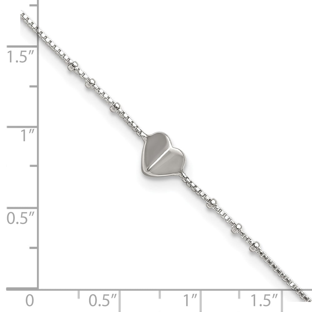 Sterling Silver Polished and Beaded Heart 9 inch with 1 inch Extension Anklet