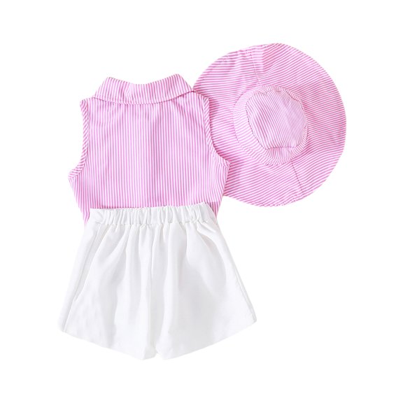 Elippeo Kids Girl Summer Outfits 3 4 5 6 7 8 Years Stripe Turn-Down Collar Shirts Sleeveless Tank Tops Bowknot Shorts Sun Hat 3Pcs Clothes Set