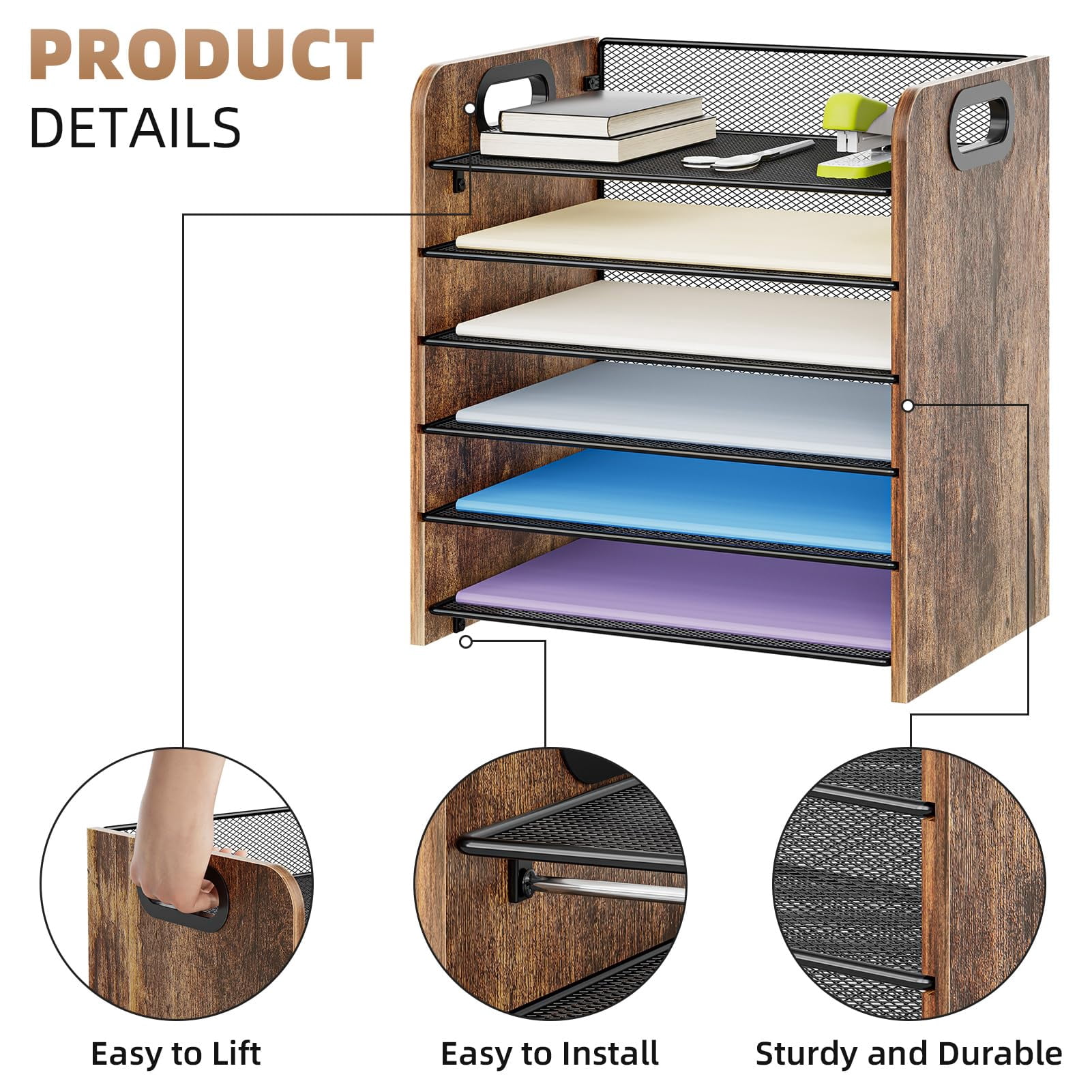 Marbrasse 6-Tier Wooden and Metal Mesh Desk Organizer with Handles, Office Paper Tray Letter Organizer for Home or Office