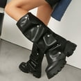 thumbnail image 2 of Womens Platform Slouch Fold over Boots Fashion Camo Studded Leather Chunky Heeled Mid Calf Combat Tall Boots, 2 of 5