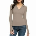 thumbnail image 4 of Women's Long Sleeve Thermal Shirts Slim Fit Bottoming Tops Lapel V-Neck Basic T-Shirts With Thumb Holes Fall Winter Clothes Fashion 2025, 4 of 9