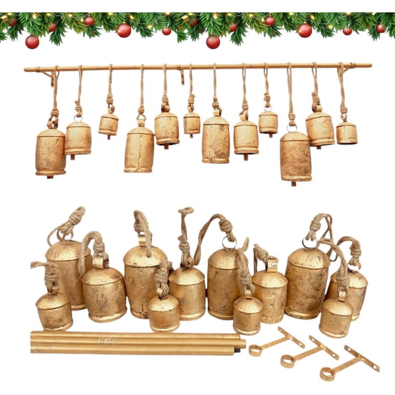 Set of 12 Rustic Christmas Hanging Bells with 48-Inch Golden Rod, Vintage Farmhouse Wall & Mantel Décor, Handmade Metal Bells for Holiday Home Decoration