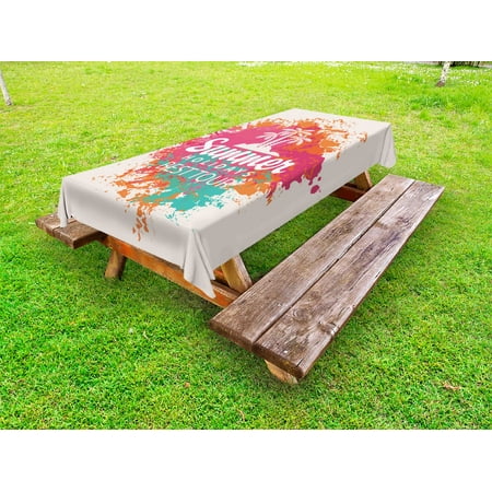 Quote Outdoor Tablecloth, Summer Holidays Best Tour Lettering with Palm Tree Island Rainbow Colored Image Print, Decorative Washable Fabric Picnic Table Cloth, 58 X 84 Inches,Multicolor, by