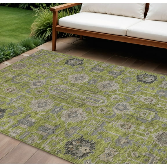 10' X 14' Olive Green Gray And Charcoal Oriental Washable Indoor Outdoor Area Rug