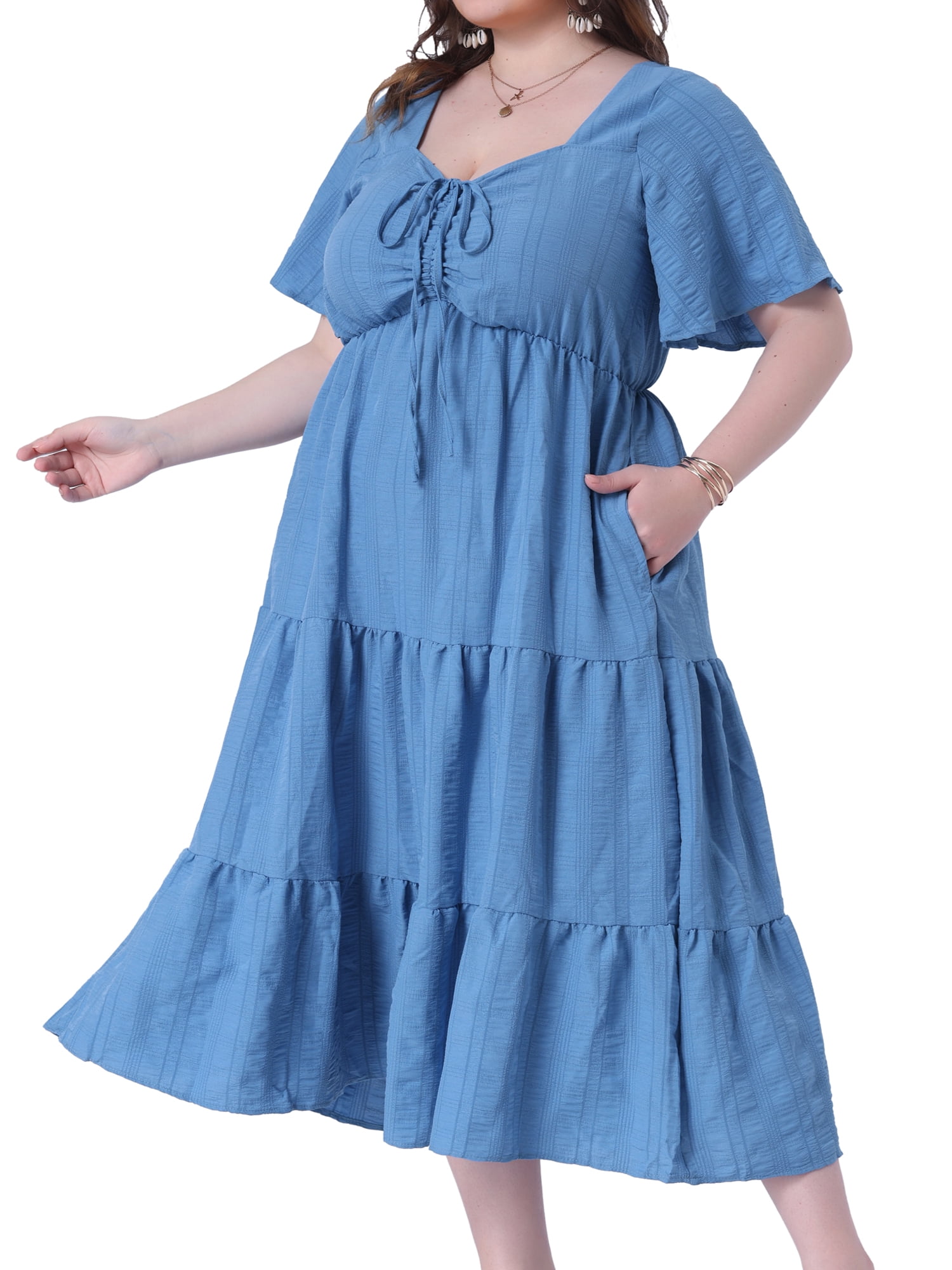 DARING DIVA Plus Size Sweetheart Neck Ruffle Flowy A Line Dress 2X Blue