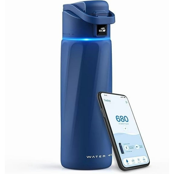 WaterH Smart Water Bottle Reminder to Drink, 24oz Bpa-Free Stainless Steel Vacuum Insulated, Wide Mouth Tracker with App, for Gift-Blue