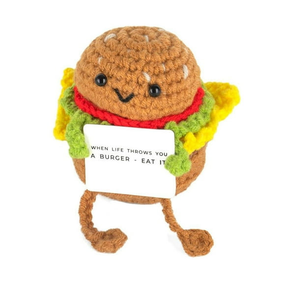 Handmade Crochet Plush Burger Toy with Embroidered Face and Removable Card for Desk Decoration or Gift, Positive Energy Plush Toy Encouragement Card Emotional Support Burger Doll