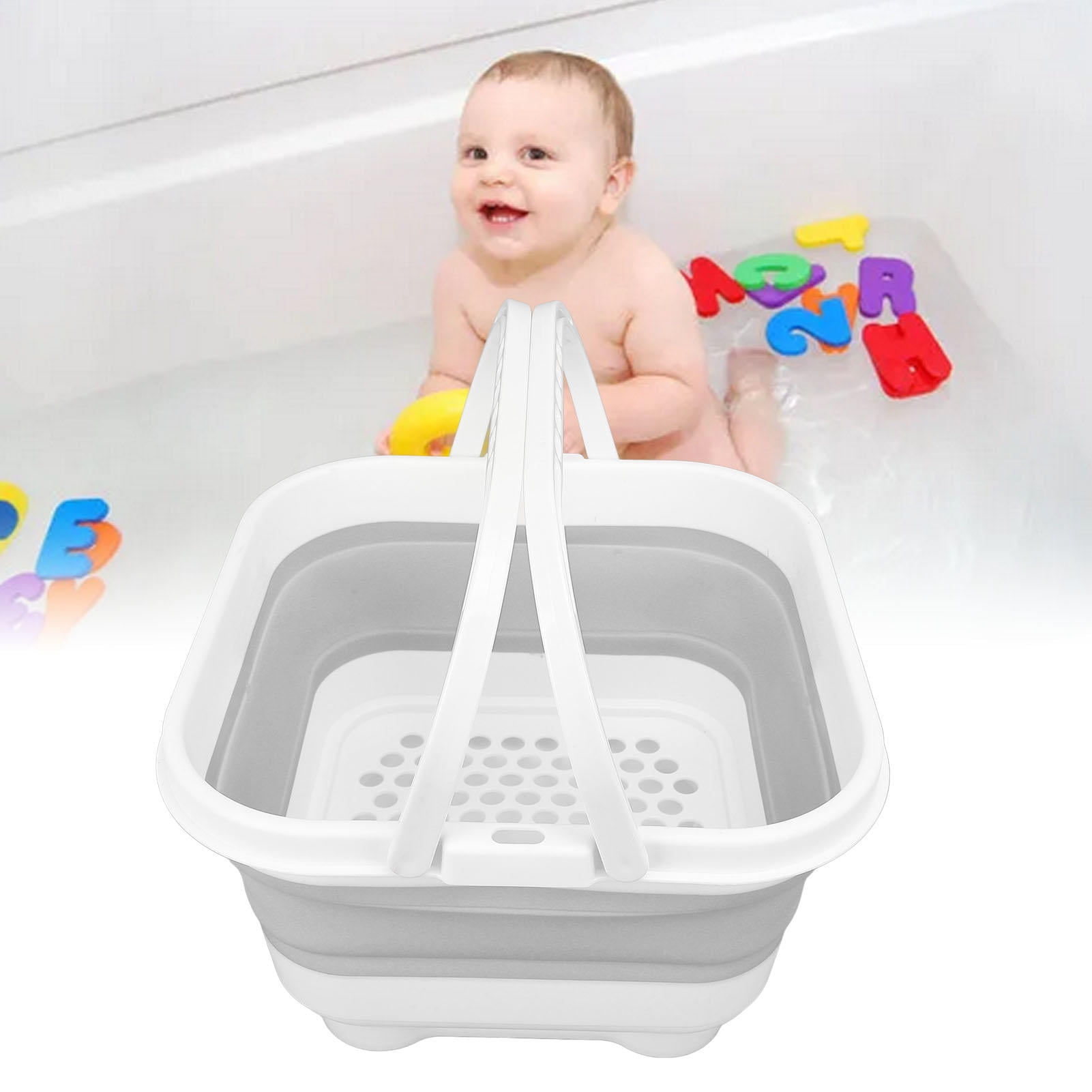 BIMZUC Foldable Bath Toy & Toiletry Storage Bin with Removable Base, Quick Drain, High Capacity, Cute Design – White & Grey