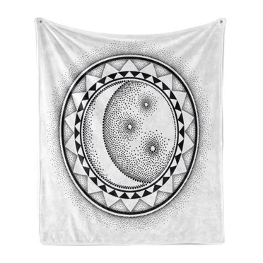 Half Moon Soft Flannel Fleece Blanket, Simplistic Sun Night Dots Circle Mystic Pattern on Plain Background, Cozy Plush for Indoor and Outdoor Use, 70" x 90", Charcoal Grey and White, by Ambesonne