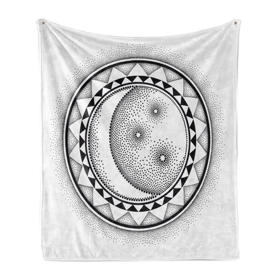 Half Moon Soft Flannel Fleece Blanket, Simplistic Sun Night Dots Circle Mystic Pattern on Plain Background, Cozy Plush for Indoor and Outdoor Use, 50" x 70", Charcoal Grey and White, by Ambesonne