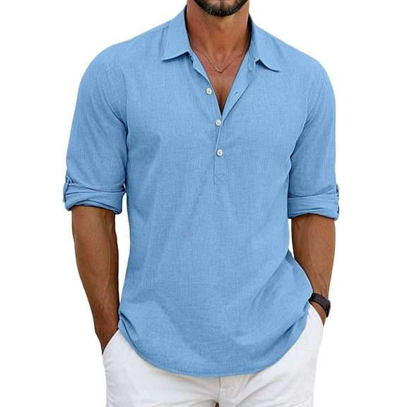 Classic Shirts Mens Linen Long Sleeve Button-Up Lapel Shirts Casual Summer Beach Shirt Blue XL