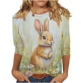 thumbnail image 2 of Easter Apparel for Women Realistic Bunny Rabbit Painting Graphic Print Crewneck Three Quarter Sleeve Soft Fabric Casual Festive Holiday T-Shirt, 2 of 5