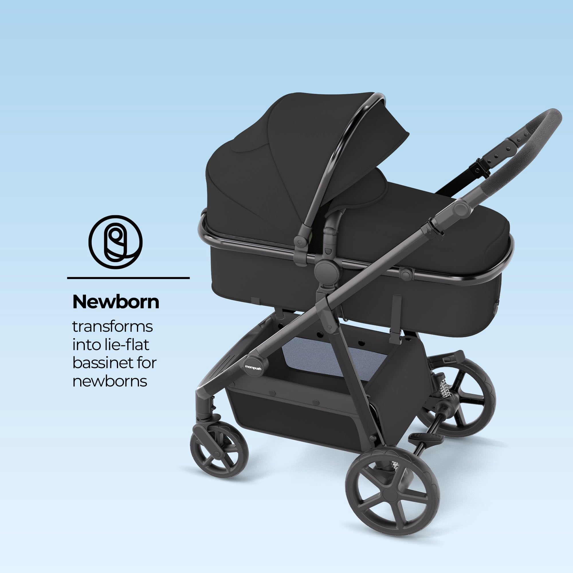 Mompush Meteor2, 2-in-1 Baby Stroller with Bassinet Mode, Adjustable Handle and Footrest, Black, 23.2LB, Unisex