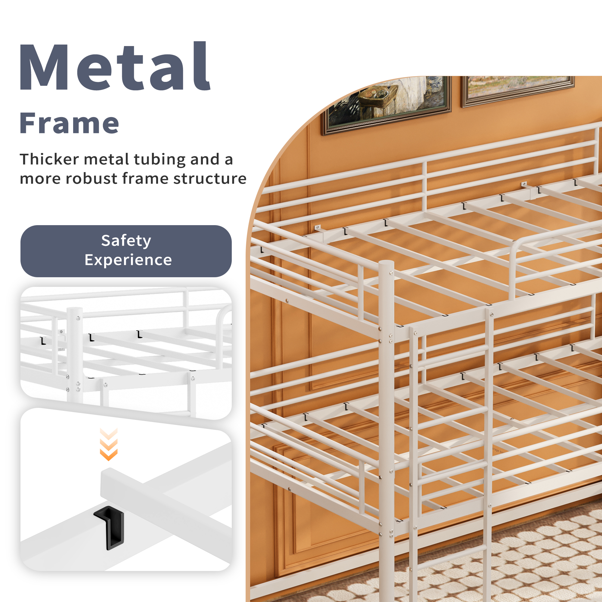Miniyam Twin over Twin over Twin Metal Bunk Bed with Ladder and Guardrails, Steel Space-Saving Bed for Kids, White