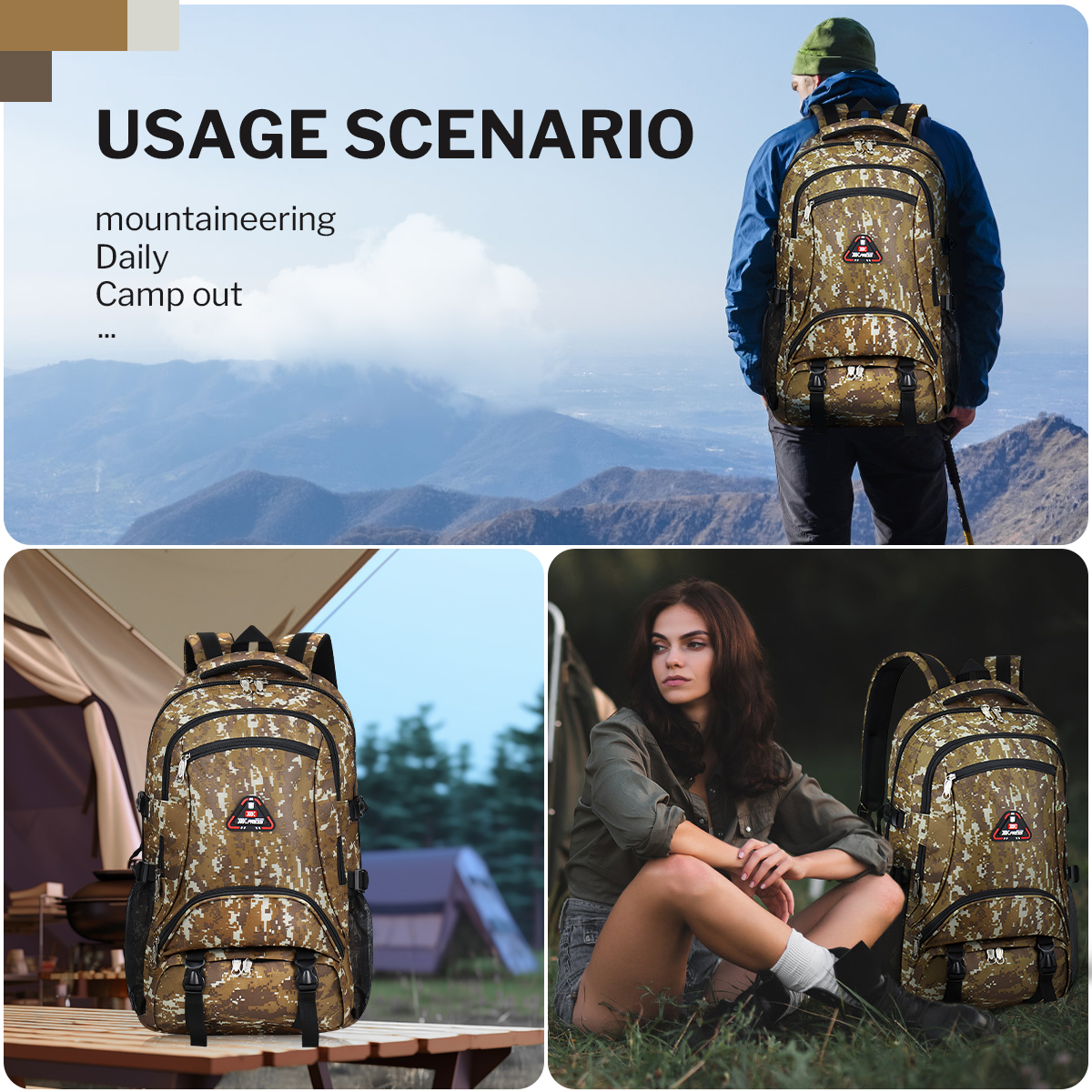 New York Xpress Camo Backpack for Adults 40L Multi-Pocket Backpack for Travel Work Hiking, Deep Khaki - BP8023