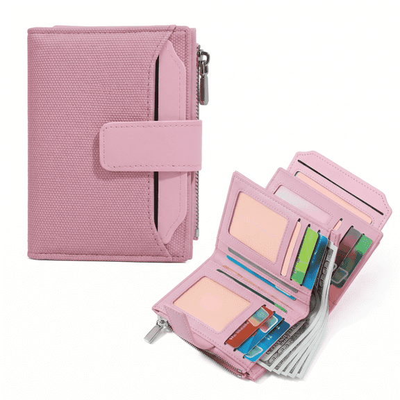 Pink Small Compact Bifold Wallet for Women, RFID Blocking Breathable Soft Leather with Card Holder, Zipper Coin Pocket & ID Window