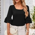 thumbnail image 6 of iHengLiXing Spring Tops for Womens Dressy Casual Women's Casual Solid Color Neck Ruffled Middle Sleeve Loose T-Shirt Top Black XXL, 6 of 8