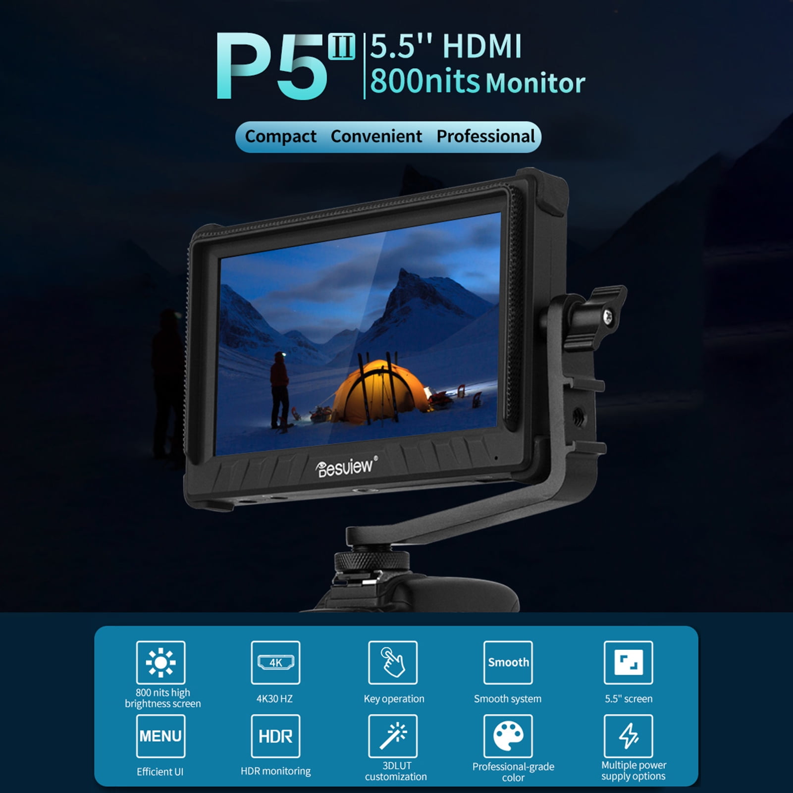 Besview R5II 5.5 Inch Compact 4K Field Monitor Touchscreen Input & Output  800Nits Hight Brightness HDR Monitoring 3D LUT with Sunshade for DSLR 