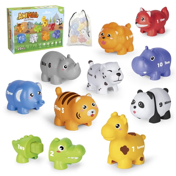 Learning Toys for 2 3 4 Year Old, 20 Pcs Number Matching Game with Digital English, 10 Different Animal Figures, Preschool Activities Montessori Fine Motor Toys for Toddlers Kids