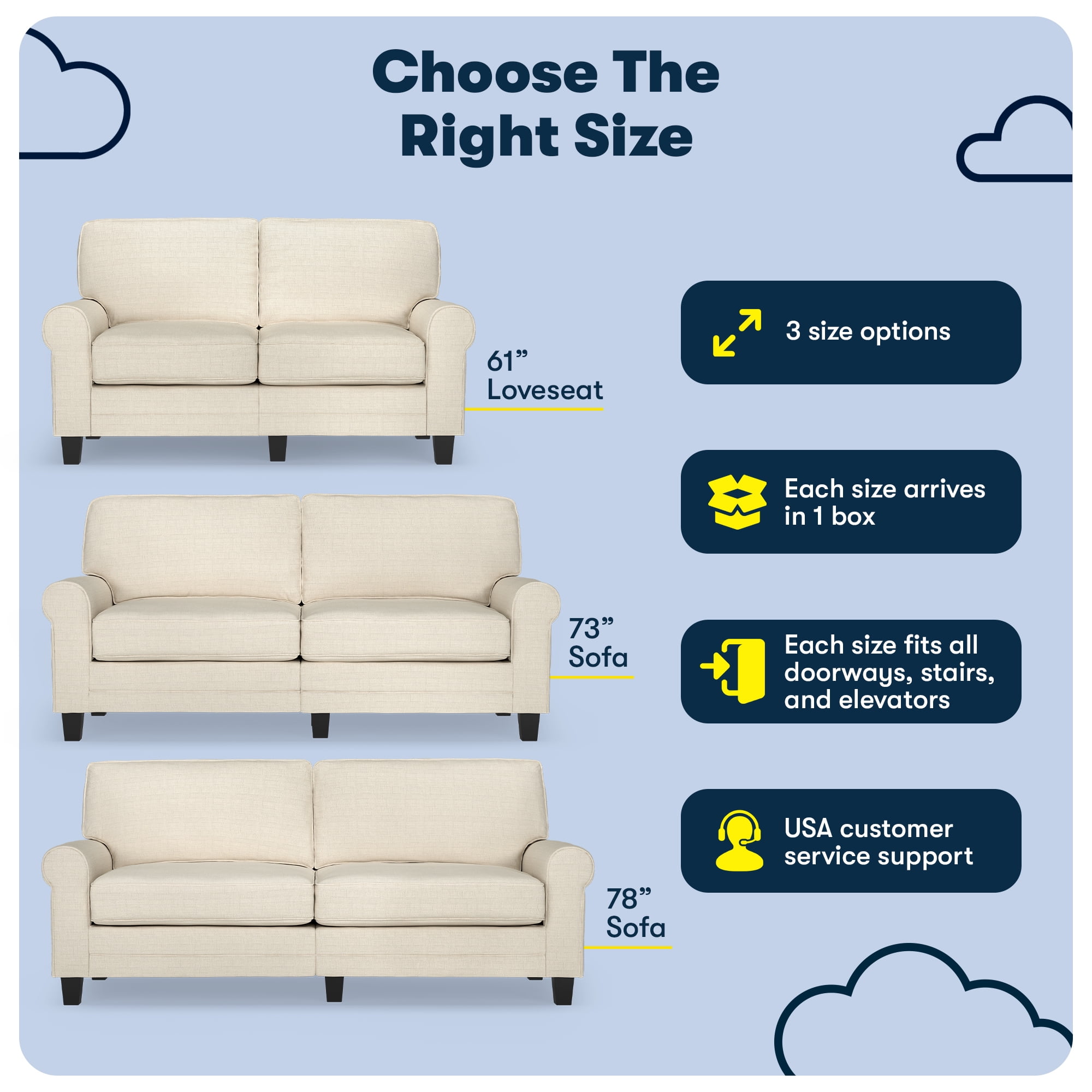 Serta Copenhagen 78" Rolled Arm Sofa, Easy Care Polyester,  Loveseat or Couch for Small Spaces, Buttercream