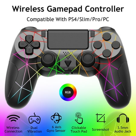 Wireless Game Controller for P4/Slim/Pro/PC, Bluetooth Gamepad Joystick with RGB Light/Dual Vibration/6-Axis Gyro/3.5mm Sterro Jack