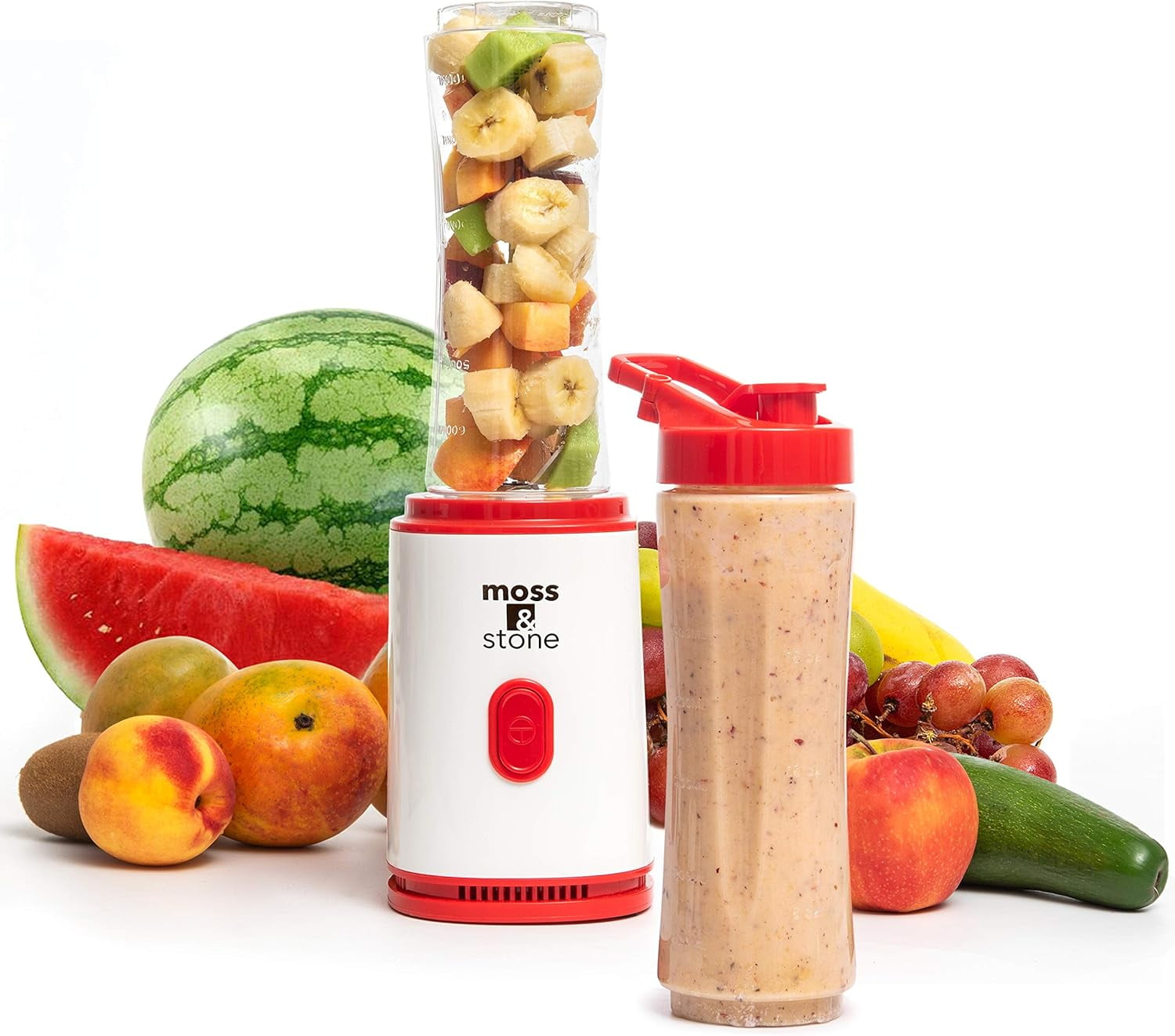 Moss & Stone Single Serve Blender, 400W Powerful Smoothie & Shake Maker, White & Red 20oz
